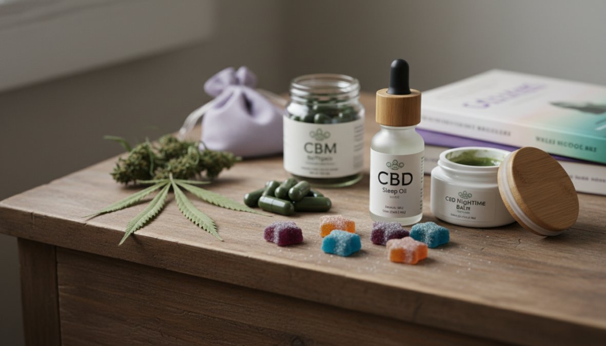 Flat lay of various CBD wellness products arranged on a clean white surface: a small amber dropper bottle of CBD oil, several gummies in earthy tones, a soft gel capsule, and a small sprig of hemp leaves, natural overhead lighting