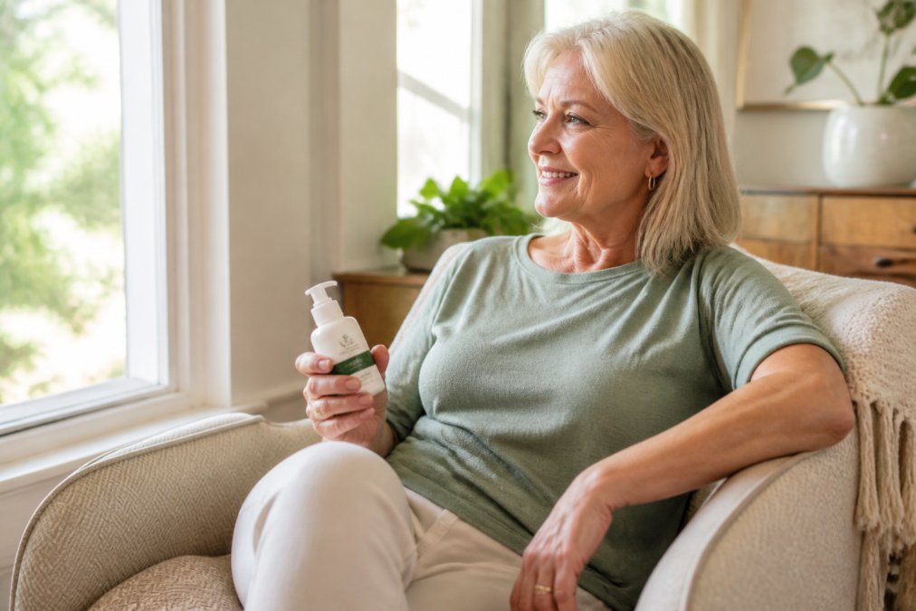Older adult in a bright, comfortable home environment holding a CBD relief lotion bottle, appearing relaxed while sitting in a comfortable chair near a window with natural light streaming in