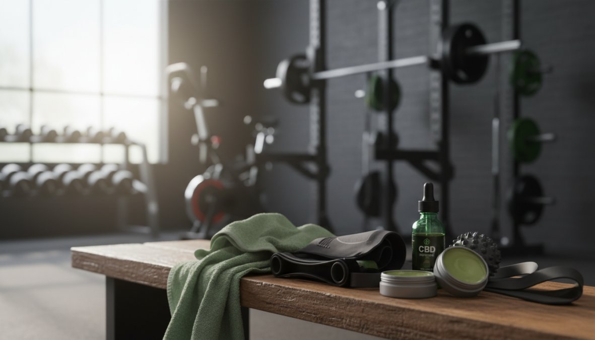 A fit athlete sitting on a gym floor post-workout, applying a white CBD topical balm to their calf muscles, with dumbbells and a resistance band visible in the background under bright gym lighting