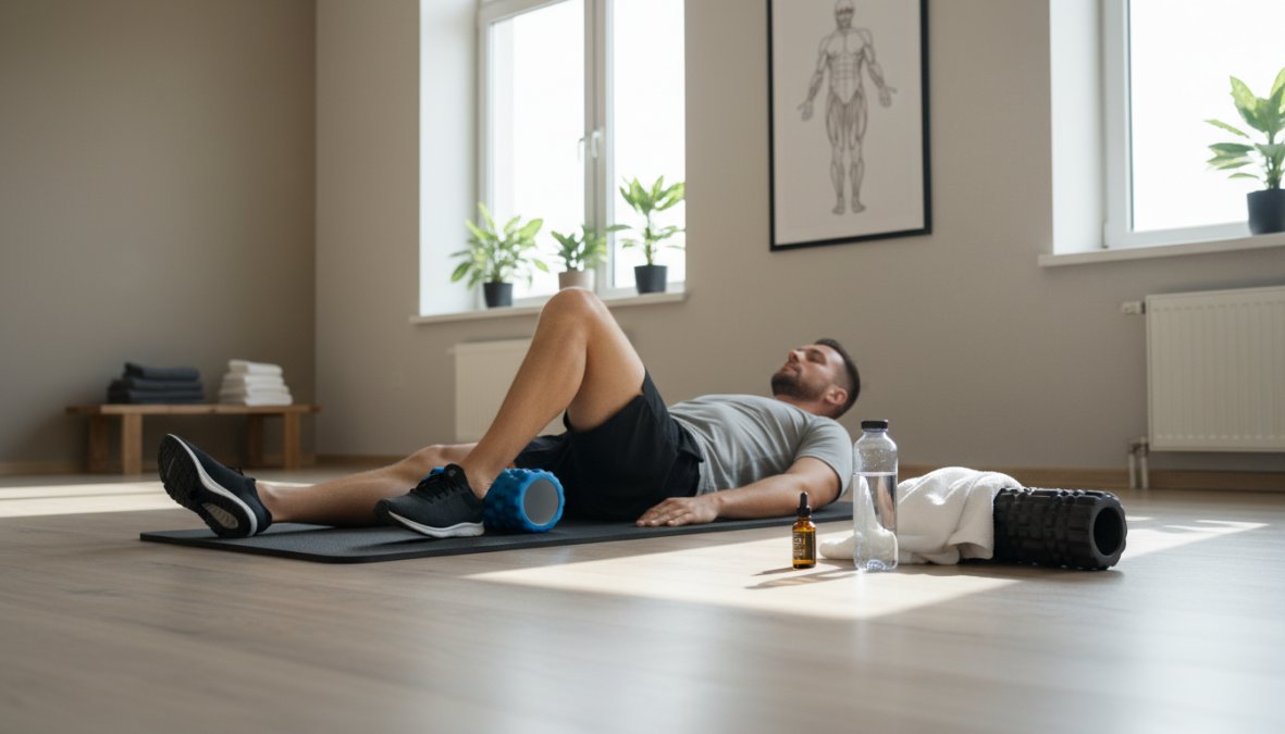An athlete lying on a blue recovery mat in a bright, clean sports facility, with a CBD oil tincture bottle, a foam roller, and a stainless steel water bottle arranged beside them on the floor