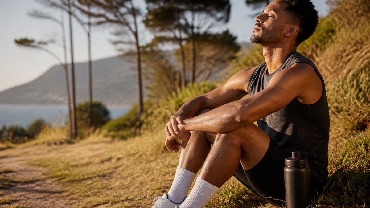 Athlete relaxing outdoors after a workout, sitting peacefully in natural light with water bottle nearby, showing recovery and calm