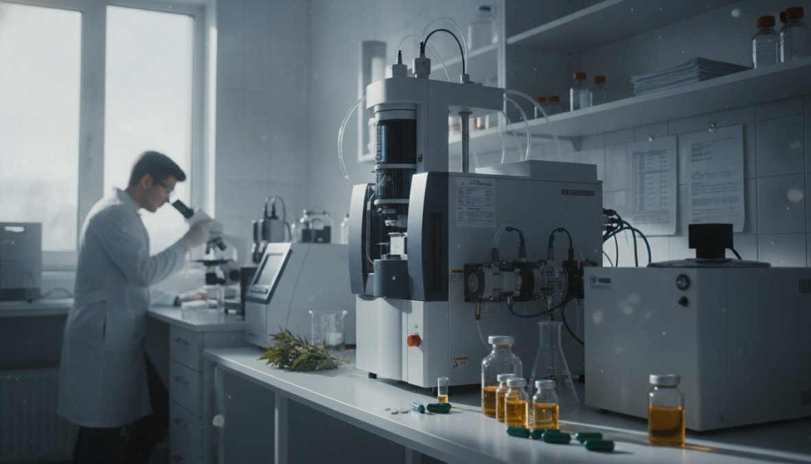 Laboratory technician in a white coat carefully examining a small vial of CBD extract under bright overhead lighting in a modern testing facility, with scientific equipment and sample trays visible on the stainless steel workbench