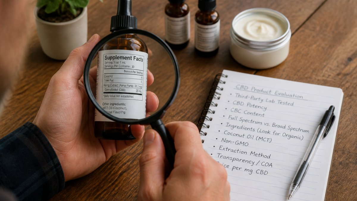 Close-up of a person's hands examining a CBD product label, with a magnifying glass and a notebook with handwritten notes nearby on a wooden table