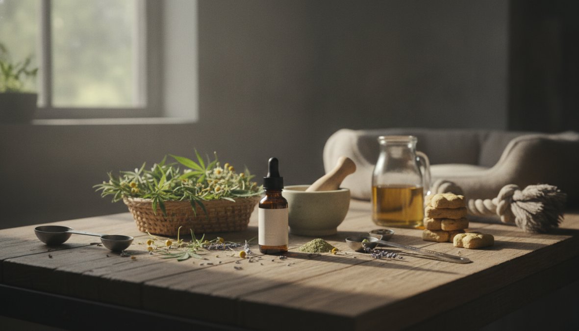 A calm golden retriever lying on a soft beige blanket next to a small amber dropper bottle of [CBD oil](/cbd-oil-dosage-for-beginners/) placed on a rustic wooden surface, with warm afternoon sunlight streaming through a nearby window
