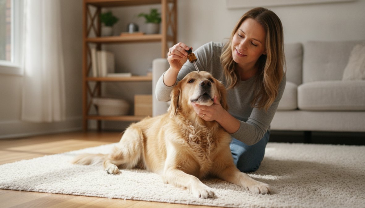 A pet owner kneeling on a light hardwood floor beside a golden retriever, gently holding the dog's head steady while administering drops from a CBD tincture dropper, bright natural light from a window illuminating the scene