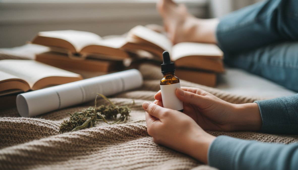 A person sitting on the edge of a bed at night, holding their lower leg with both hands, expression of discomfort, soft dim bedroom lighting casting warm shadows, suggesting sleep disruption and nocturnal [pain](/how-cbd-works-for-pain/)