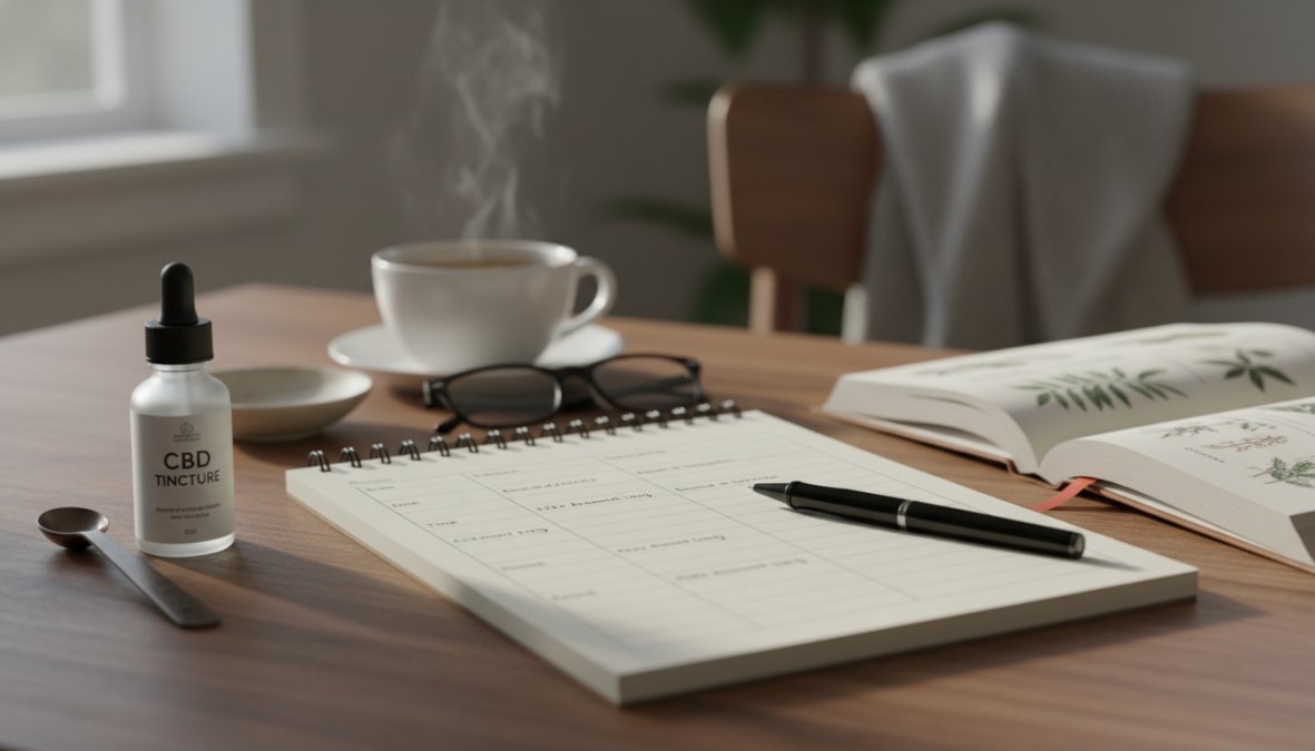 Close-up of a hand holding a CBD oil dropper over a small glass bottle on a natural wooden surface, with an open notepad and pen nearby suggesting dose tracking, warm afternoon light from a nearby window