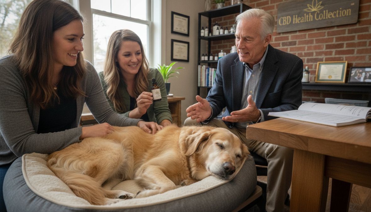 Illustration showing the benefits of senior and gray-muzzled and dog concepts for cbd senior dogs