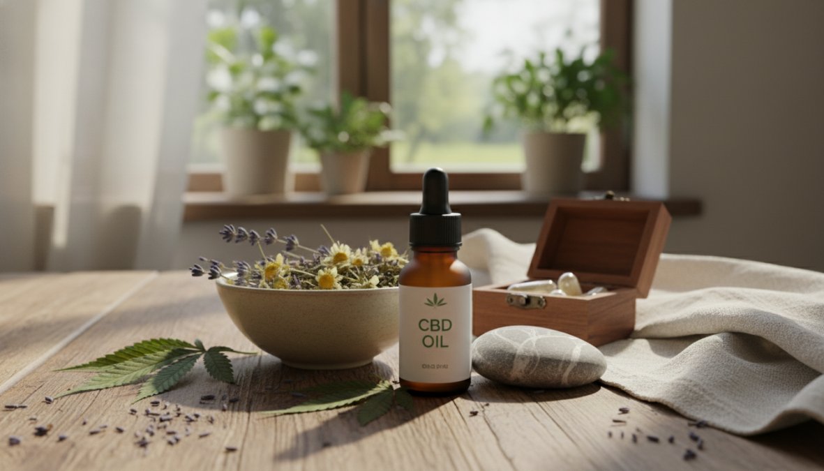 A calm person sitting cross-legged on a yoga mat near a sunlit window, holding a small CBD oil tincture bottle with eyes closed in a relaxed meditative pose, soft natural morning light filtering through sheer curtains