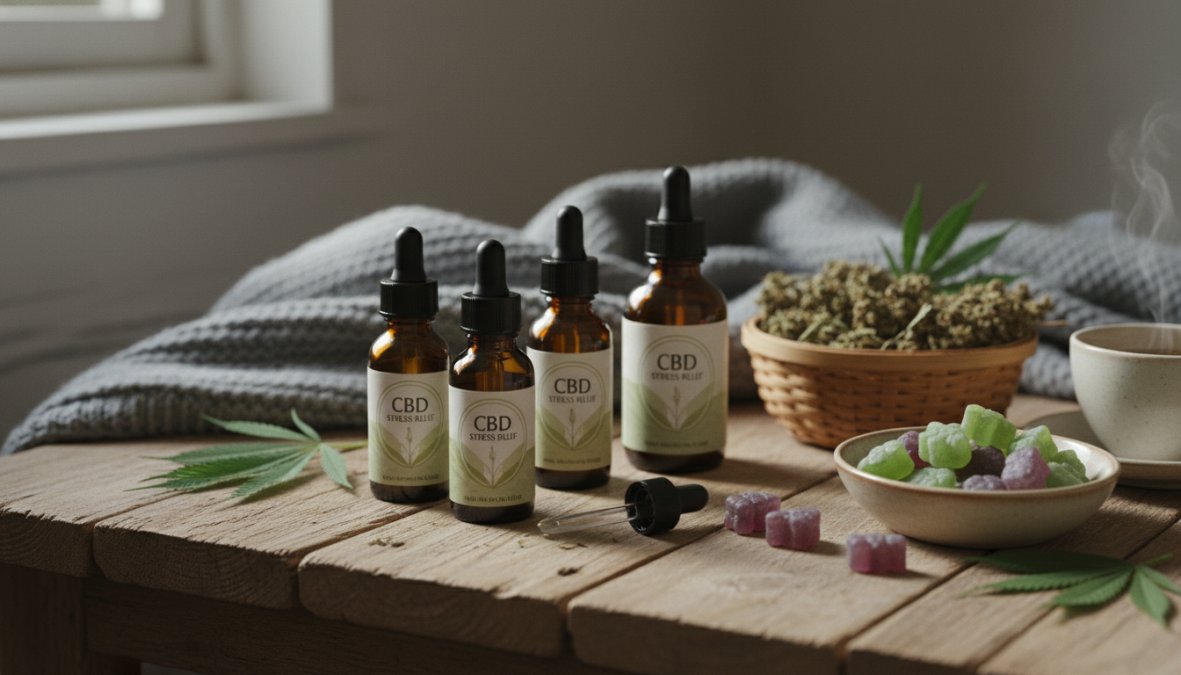A flat-lay arrangement of CBD wellness products on a clean white surface, including a glass tincture dropper bottle, colorful gummy bears in a small ceramic dish, and soft gel capsules, with fresh green hemp leaves arranged as accents under soft studio lighting