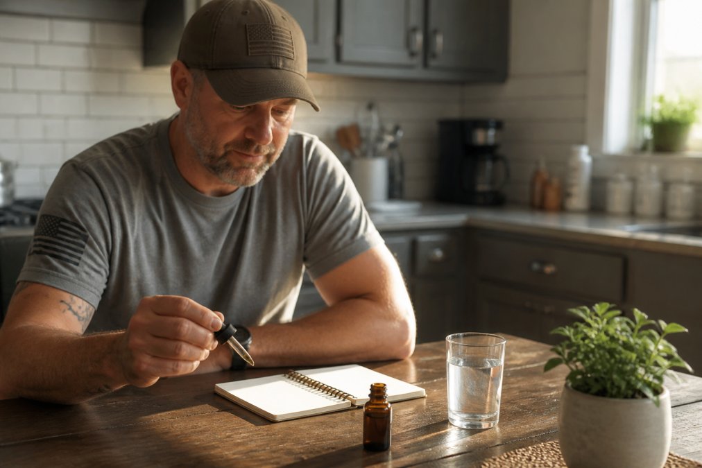 A veteran in casual clothing sitting at a kitchen table in soft morning light, a small bottle of CBD oil and a glass of water beside a notebook, relaxed posture, home setting