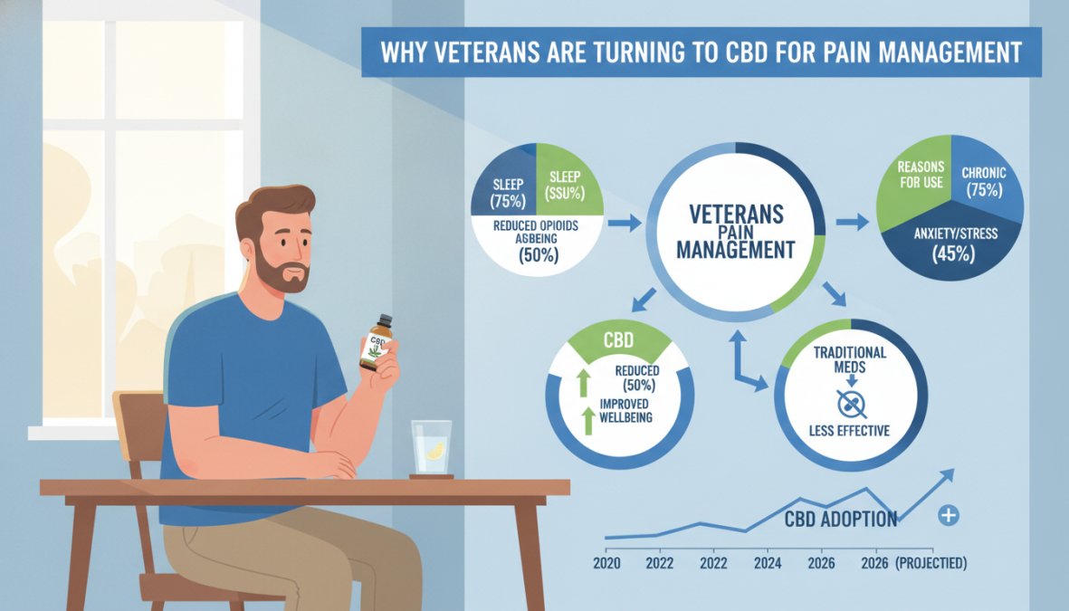 A veteran in casual clothing sitting at a kitchen table, looking thoughtfully at a small bottle of [CBD oil](/cbd-oil-for-chronic-pain-relief/) with a glass of water nearby, natural morning light filtering through a window