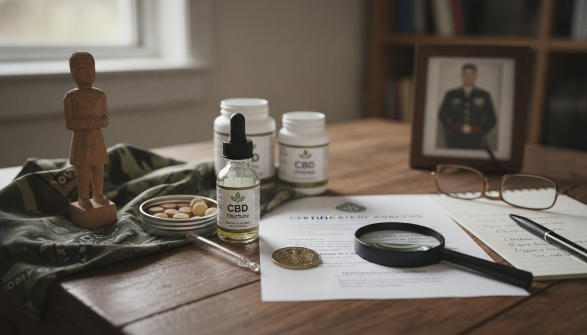 Close-up of a person's hands holding a printed CBD product certificate of analysis next to a CBD oil bottle on a wooden surface, clear natural lighting showing the lab results document in detail