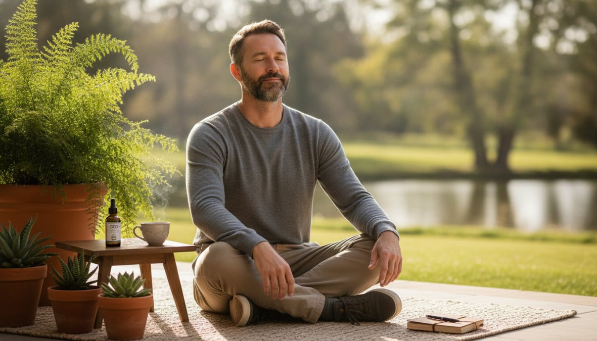 A veteran sitting peacefully outdoors in natural sunlight, appearing calm and centered with soft, warm lighting suggesting wellness and tranquility