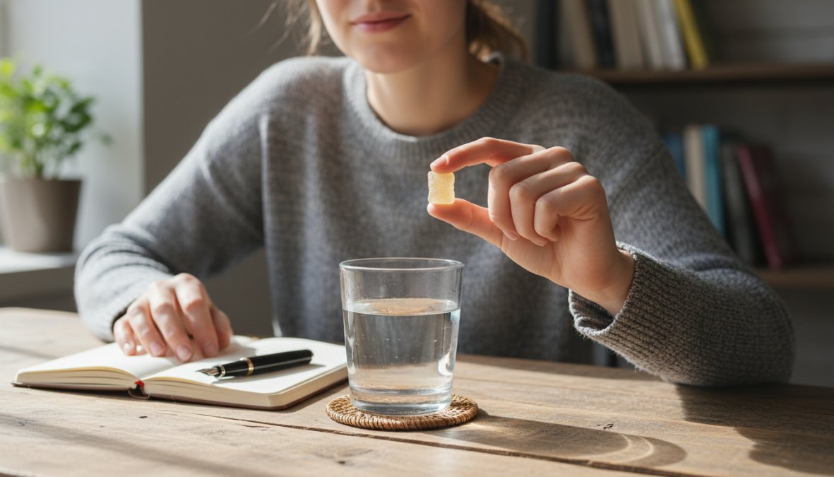 A person sitting calmly at a wooden desk holding a single CBD gummy between their fingers, with a glass of water and a small notebook nearby in soft natural lighting