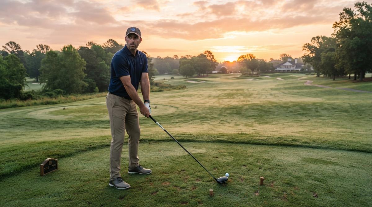 A golfer standing on the first tee at sunrise, gripping the club with a focused expression, dew on the fairway behind them