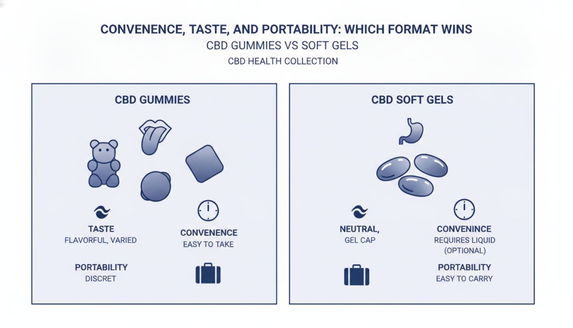 Close-up of CBD gummies and soft gels displayed side by side on a wooden surface with natural morning light, showing vibrant gummy colors and translucent soft gel capsules