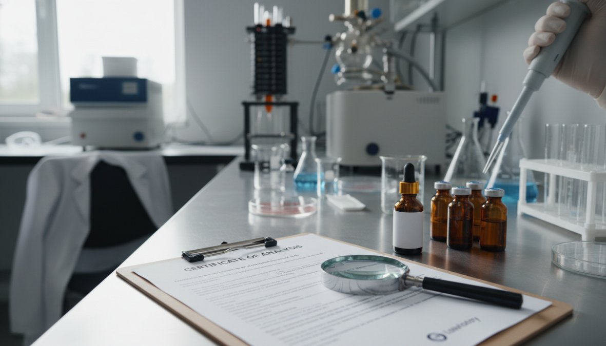 A person reviewing a printed Certificate of Analysis document at a desk, a glass CBD oil bottle and open laptop displaying lab results visible in soft overhead lighting