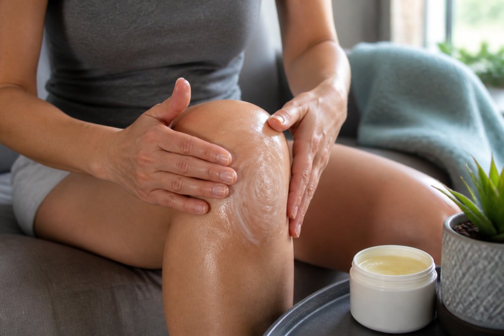Close-up of hands demonstrating massage technique, fingers making circular motions on knee joint with CBD lotion product visible on skin, natural window lighting showing product absorption
