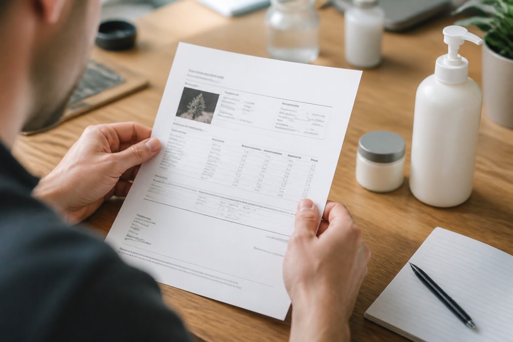 Close-up of hands carefully reading a detailed CBD certificate of analysis document on a desk with a lotion bottle nearby