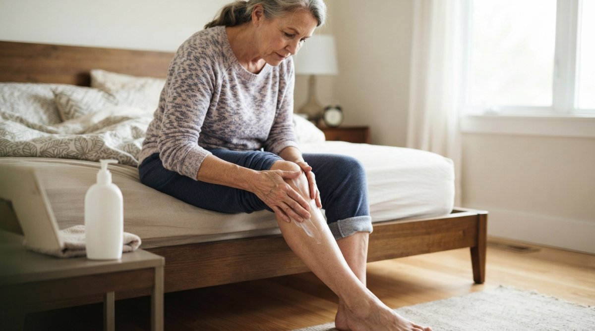 A person in their 60s sitting on the edge of a bed, gently massaging lotion into their knee with both hands, soft natural light from a window, calm home setting