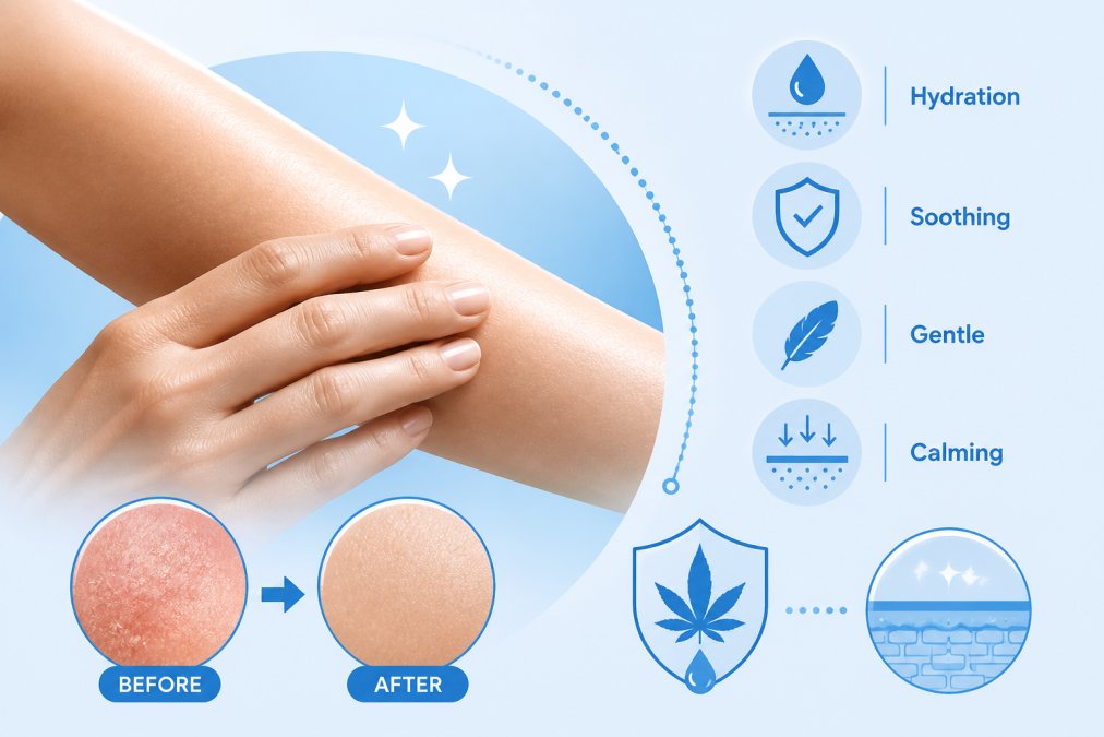 Professional illustration showing cbd lotion for skin hydration benefits
