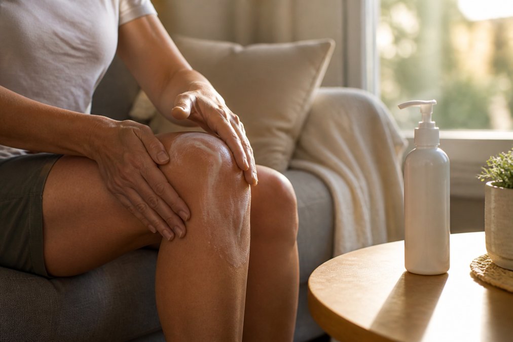 Close-up of a person's hands applying lotion to their knee while sitting on a couch, bottle of CBD lotion visible on a wooden side table, warm afternoon light through a window