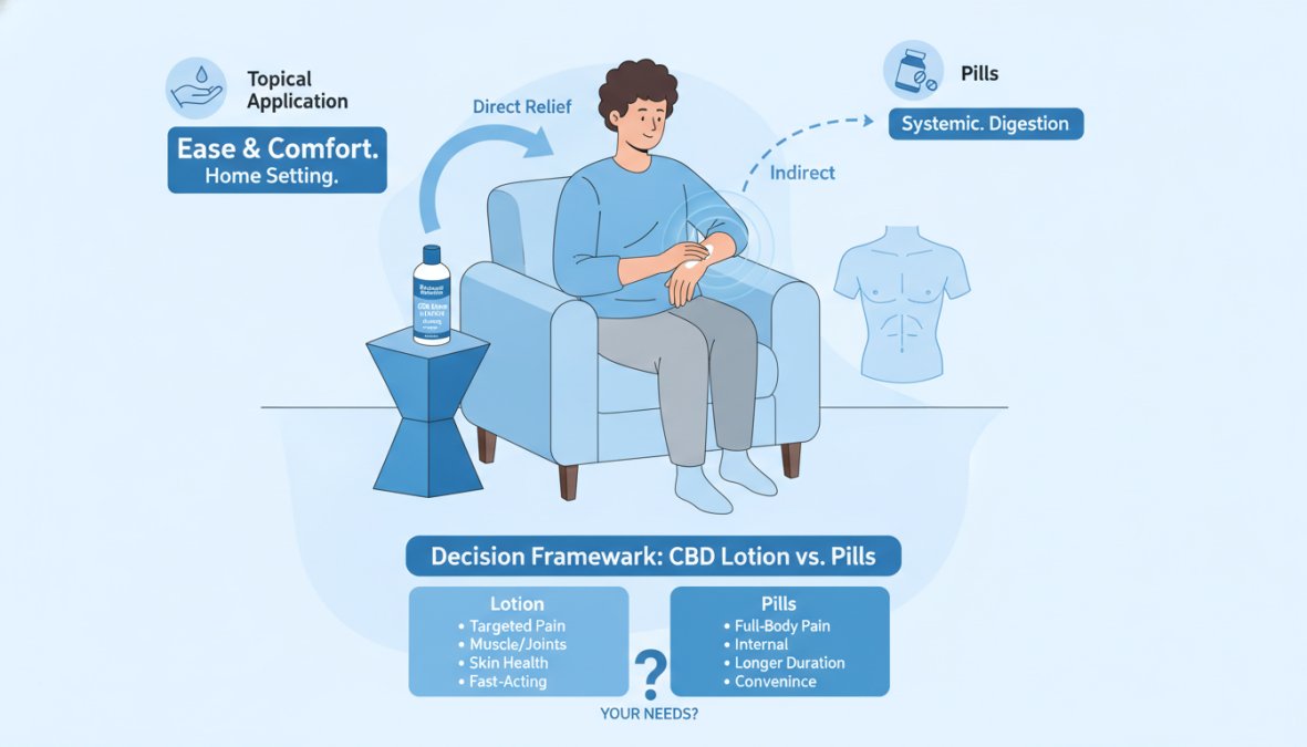 Professional illustration showing CBD lotion vs pills