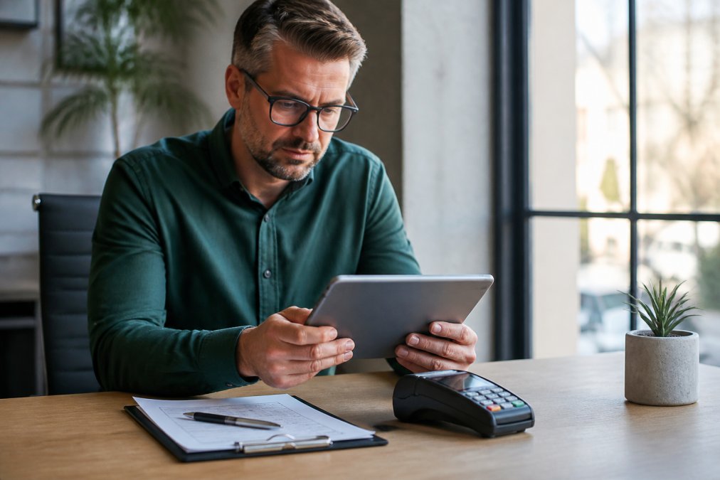 A business owner in a modern office reviewing contract documents on a tablet while a payment terminal sits nearby on the desk, natural window lighting