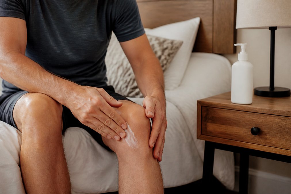 Person applying CBD muscle rub to their knee while sitting on a bed