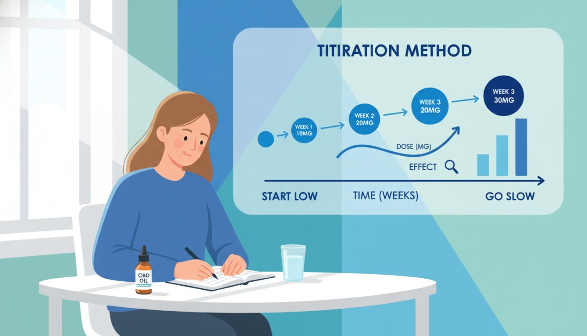 A person sitting at a kitchen table with a CBD oil bottle, a glass of water, and an open wellness journal, calmly writing notes in bright natural morning light