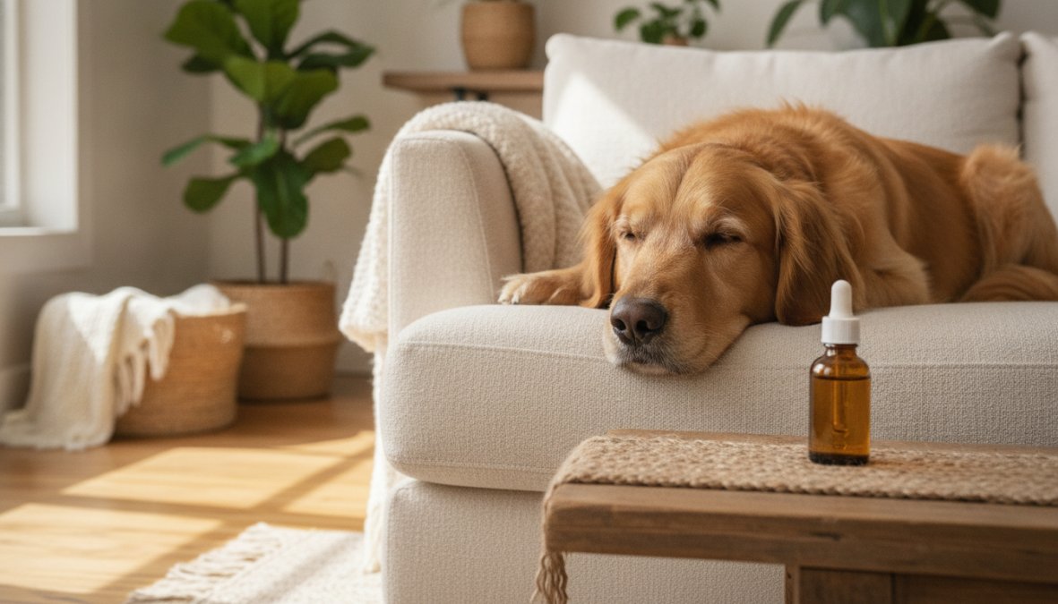 A calm golden retriever lying peacefully on a couch next to a small brown glass dropper bottle of CBD oil, warm afternoon sunlight streaming through a nearby window in a cozy home living room