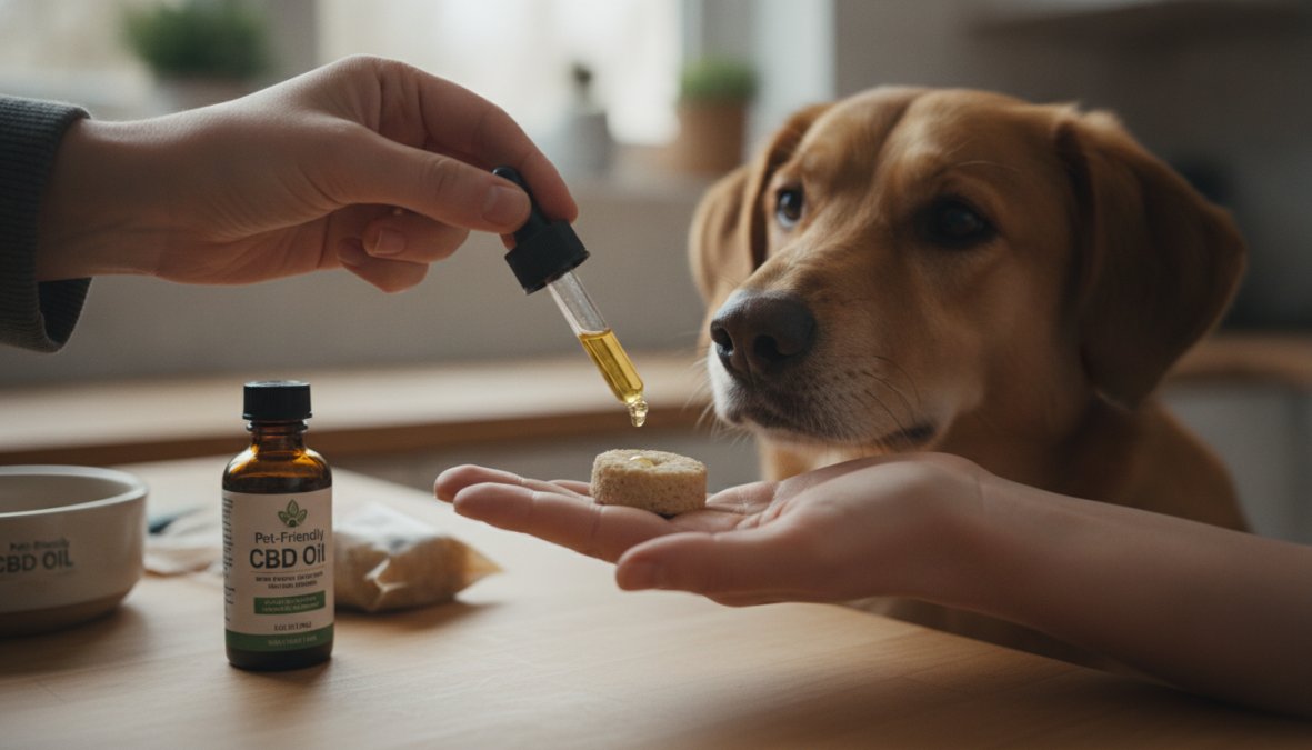 A person gently dropping CBD oil tincture onto a small dog treat held in their palm while a medium-sized dog looks up attentively on a clean kitchen counter, warm indoor lighting