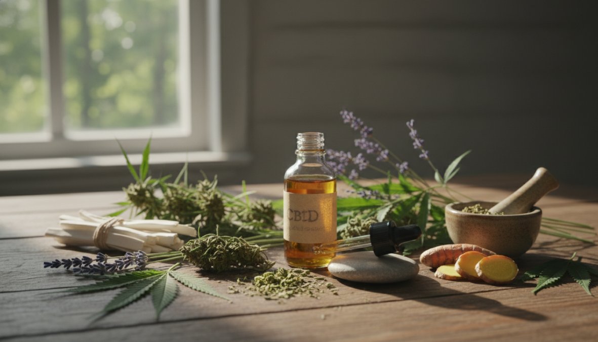 Close-up of a small amber glass CBD oil dropper bottle resting on a wooden surface beside fresh green hemp leaves, with soft warm natural lighting streaming from a nearby window