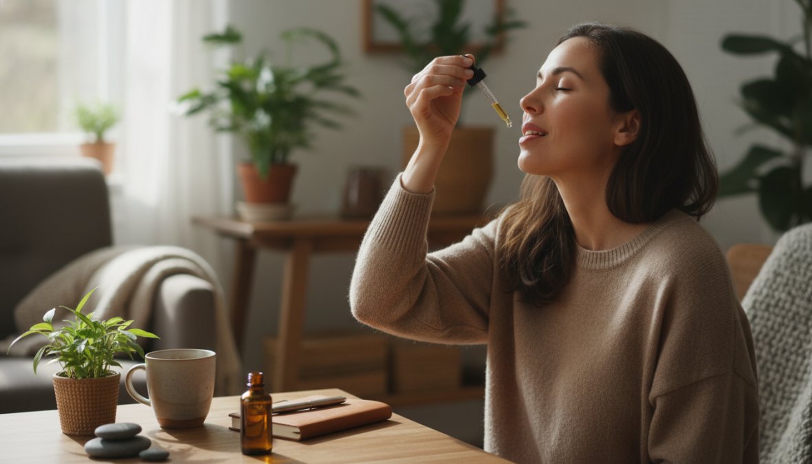 A person holding a small amber CBD oil dropper beneath their tongue in a calm, sunlit home kitchen, eyes relaxed, suggesting a quiet morning wellness routine
