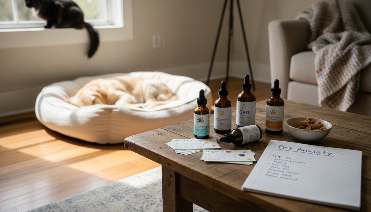 A calm golden retriever lying on a couch next to a small brown glass dropper bottle of CBD oil, with soft natural light coming through a nearby window