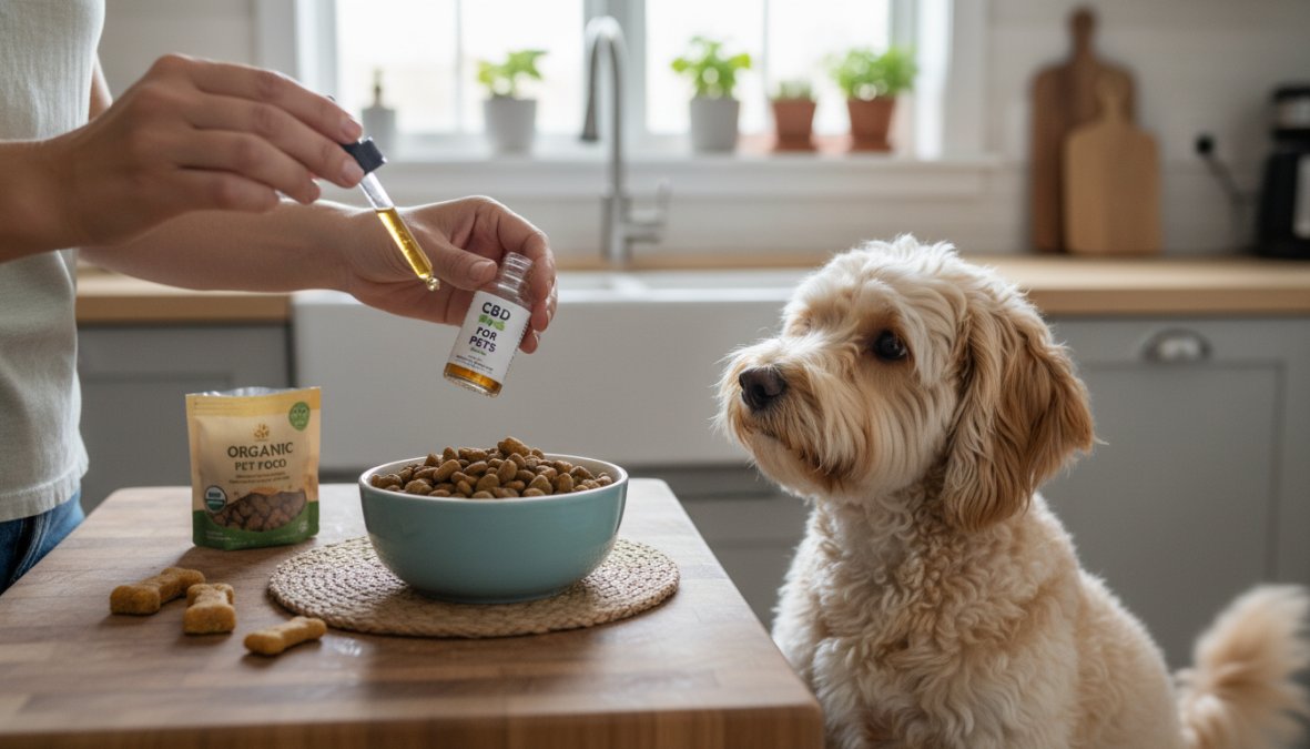 A pet owner carefully using a dropper to place CBD oil onto a small dog's food bowl in a bright kitchen setting, dog looking up attentively