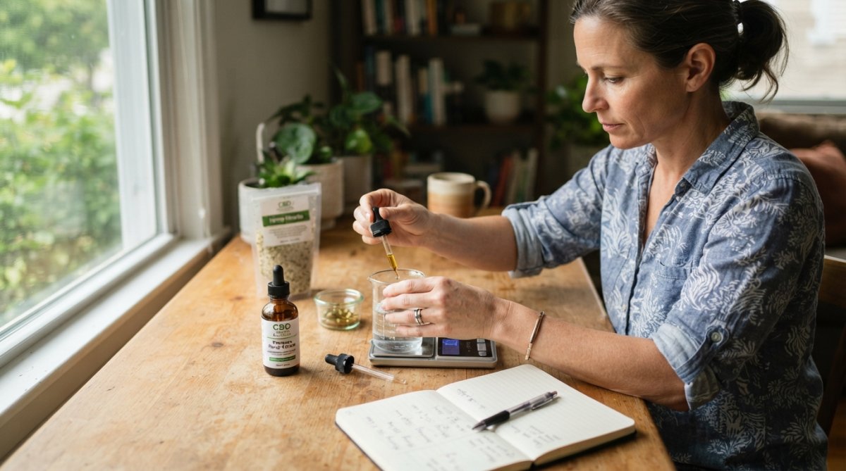 Person holding a CBD oil bottle and a glass of water on a clean kitchen counter with natural light, suggesting proper dosing and hydration