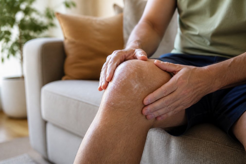 Close-up of a person's hands gently massaging lotion into their knee while seated on a couch at home, soft natural light, warm and calm atmosphere