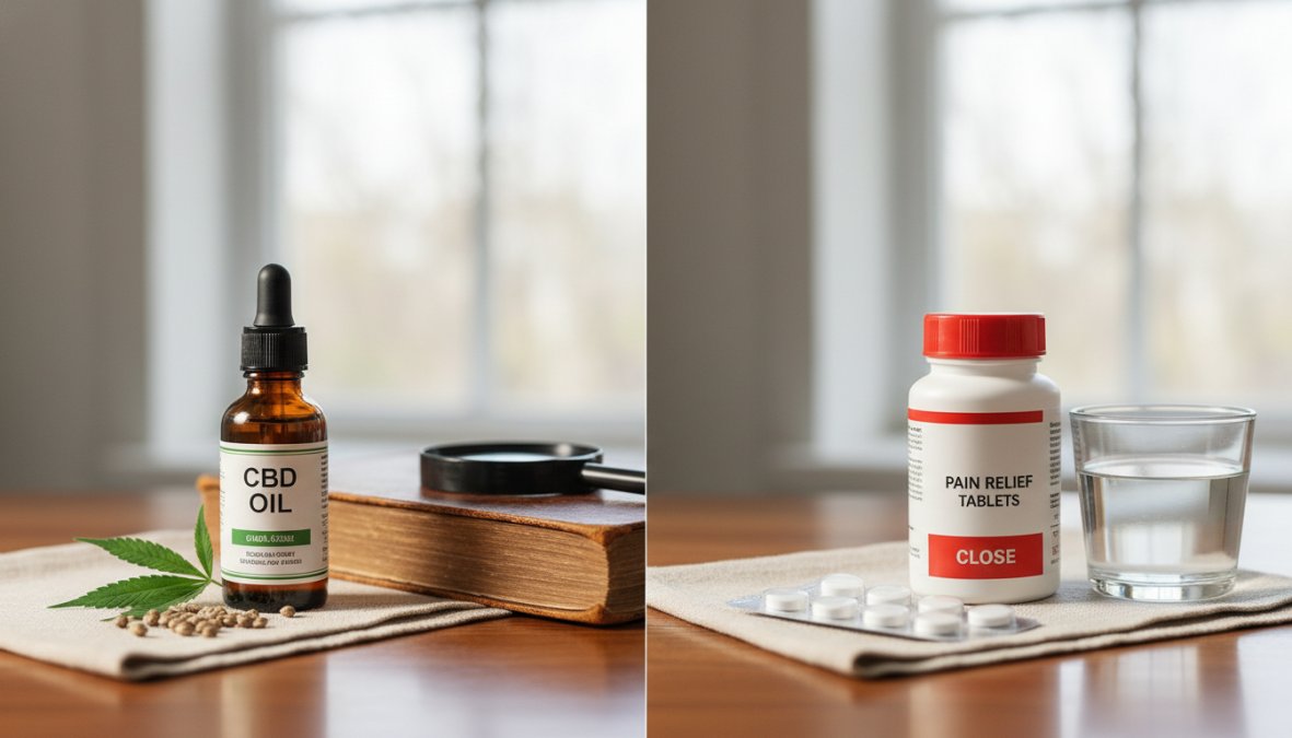 Close-up of a small amber CBD oil dropper bottle placed next to a white prescription pill bottle on a clean wooden surface, soft [natural](/natural-alternatives-for-pain-relief/) lighting