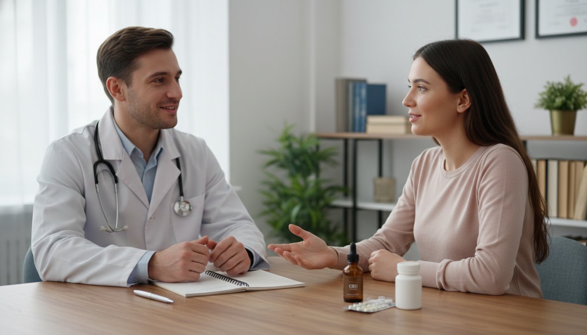 A patient sitting across from a doctor in a bright clinical office, both engaged in a calm conversation, with a notepad and a small CBD oil bottle visible on the desk