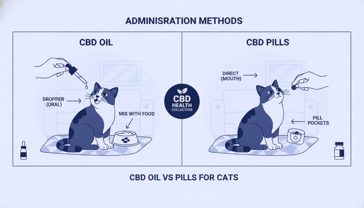 Close-up of a cat receiving CBD oil via dropper from owner's hand in a calm home setting with natural window lighting