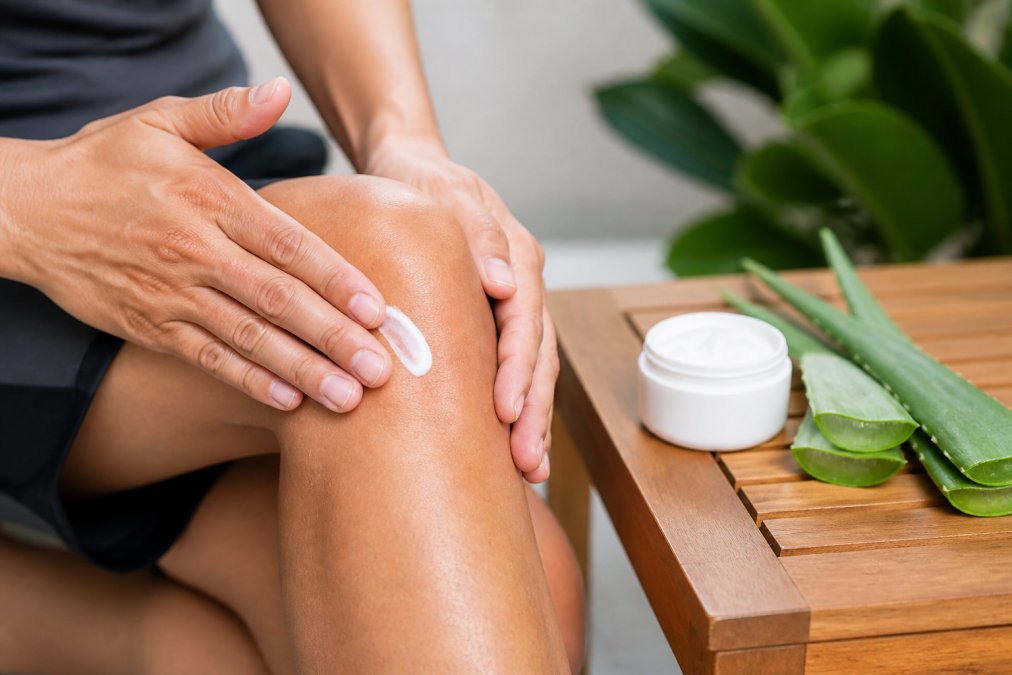 Close-up of a person's hands applying a small amount of white CBD lotion to their knee, with a jar of lotion and fresh aloe vera leaves visible on a wooden table nearby