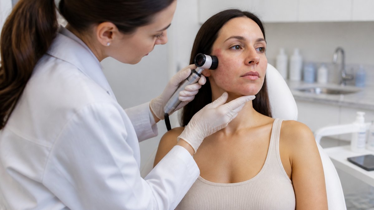 Dermatologist examining patient's skin condition under clinical lighting in professional medical setting with visible skin assessment tools