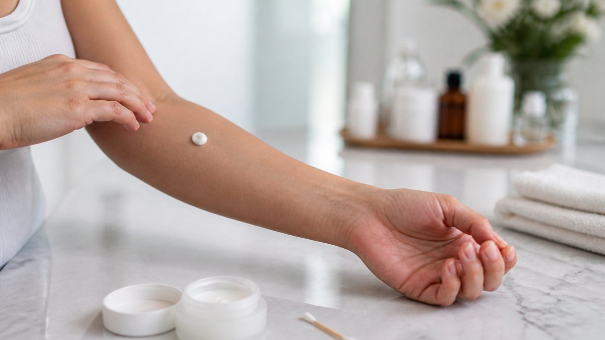 A small patch of skincare cream applied to a woman's forearm near a cotton swab on a bathroom counter.