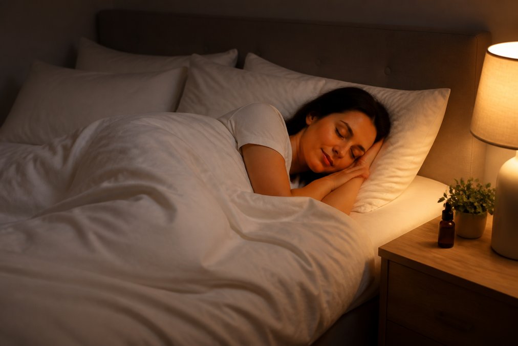 Person sleeping peacefully in bed at night with soft warm lighting from a bedside lamp, surrounded by comfortable pillows and white bedding in a calm, minimalist bedroom