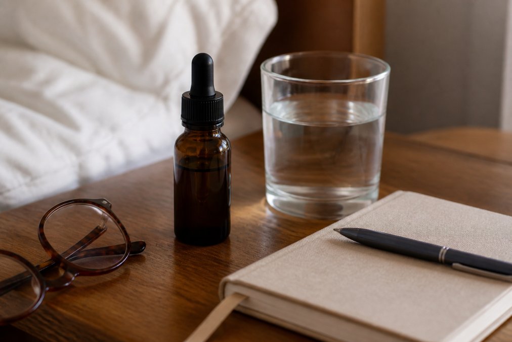 Close-up of CBD oil bottle with dropper sitting on a wooden bedside table next to a glass of water, a sleep journal, and reading glasses in warm evening light