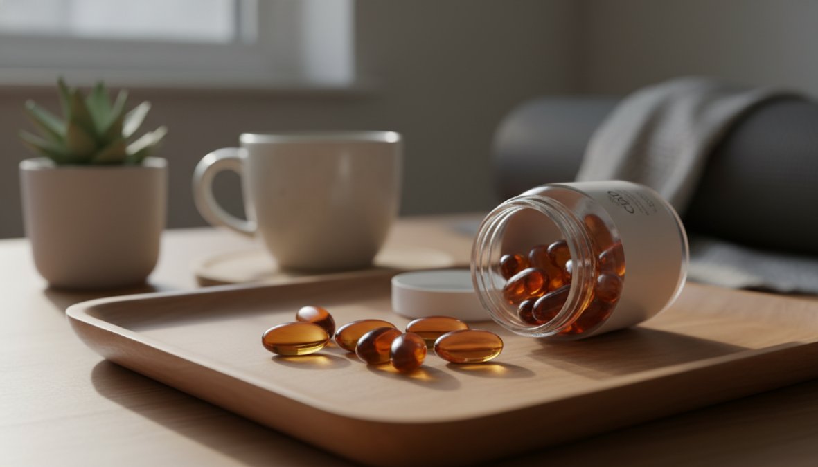 Close-up of several translucent amber CBD softgel capsules resting on a clean white surface next to a small green hemp leaf, with soft natural lighting