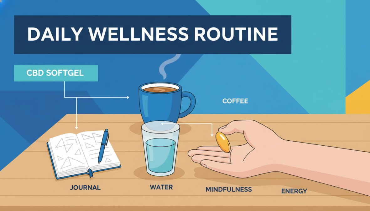 A person placing a CBD softgel capsule into their palm beside a glass of water on a wooden breakfast table, with a journal and morning coffee visible in the soft morning light in the background