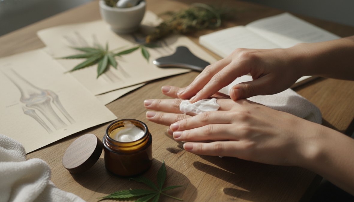 Close-up of a person's hands gently massaging CBD cream into swollen, reddened knuckles on a wooden table, with a small amber jar of topical cream open beside them, warm natural light from a nearby window